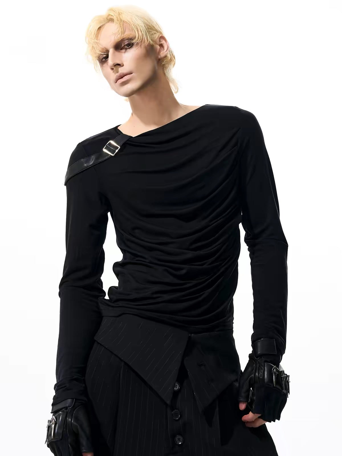 Pleated Leather Patchwork Long-Sleeve T-Shirt