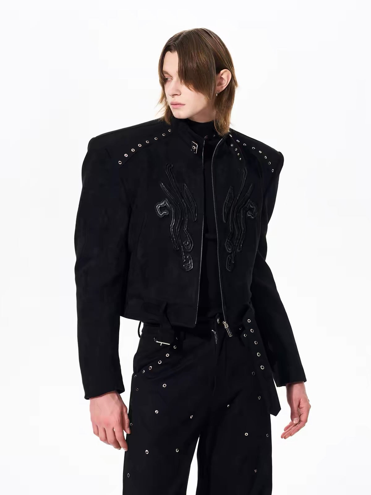 Suede Stand Collar Padded Shoulder Jacket