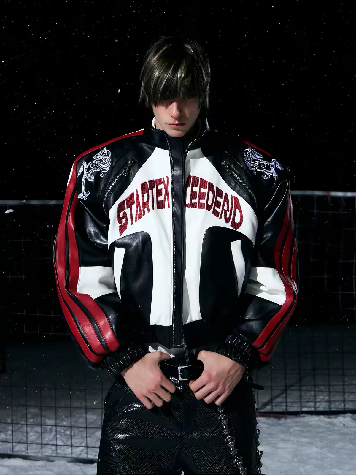 Embroidered Stand-Up Collar Leather Motorcycle Jacket