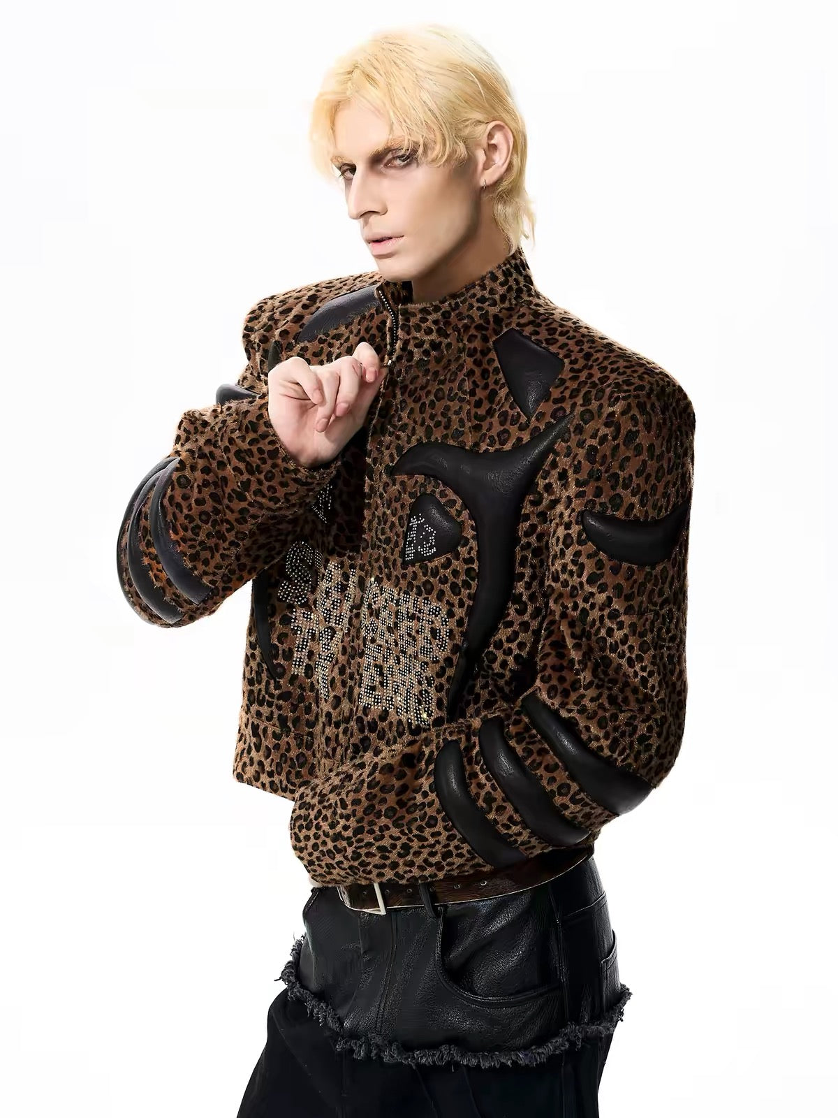 Leopard Print Rhinestone Leather Patchwork Jacket