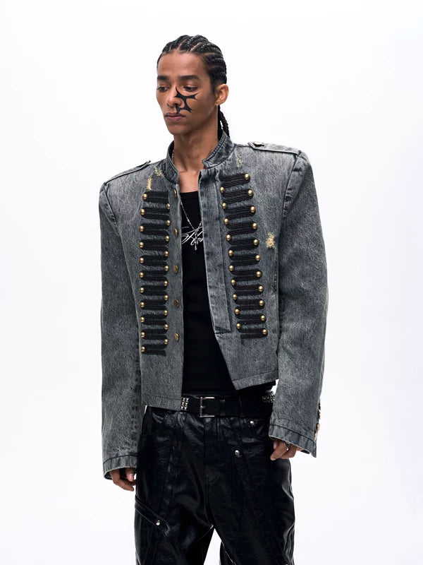 Ripped Napoleon Stand Collar Denim Jacket 2