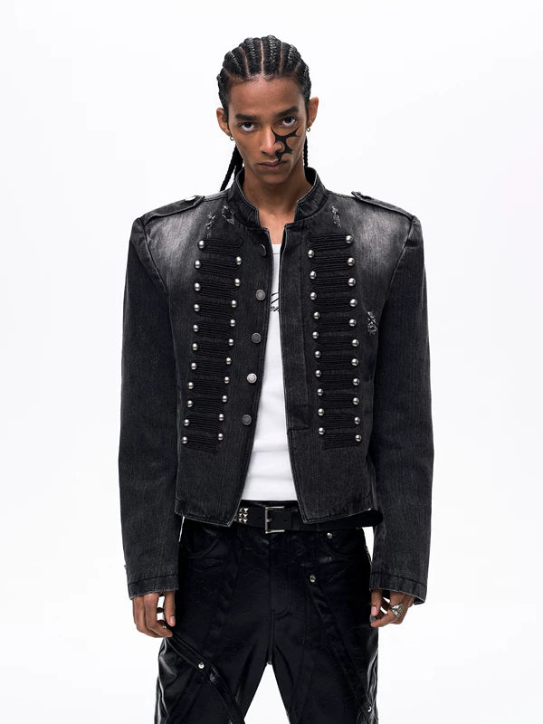 Ripped Napoleon Stand Collar Denim Jacket 3