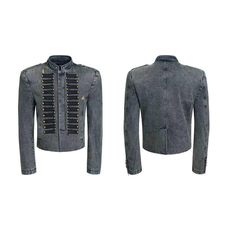 6044284661947,6044284661948,6044284661949,6044284661950, Ripped Napoleon Stand Collar Denim Jacket