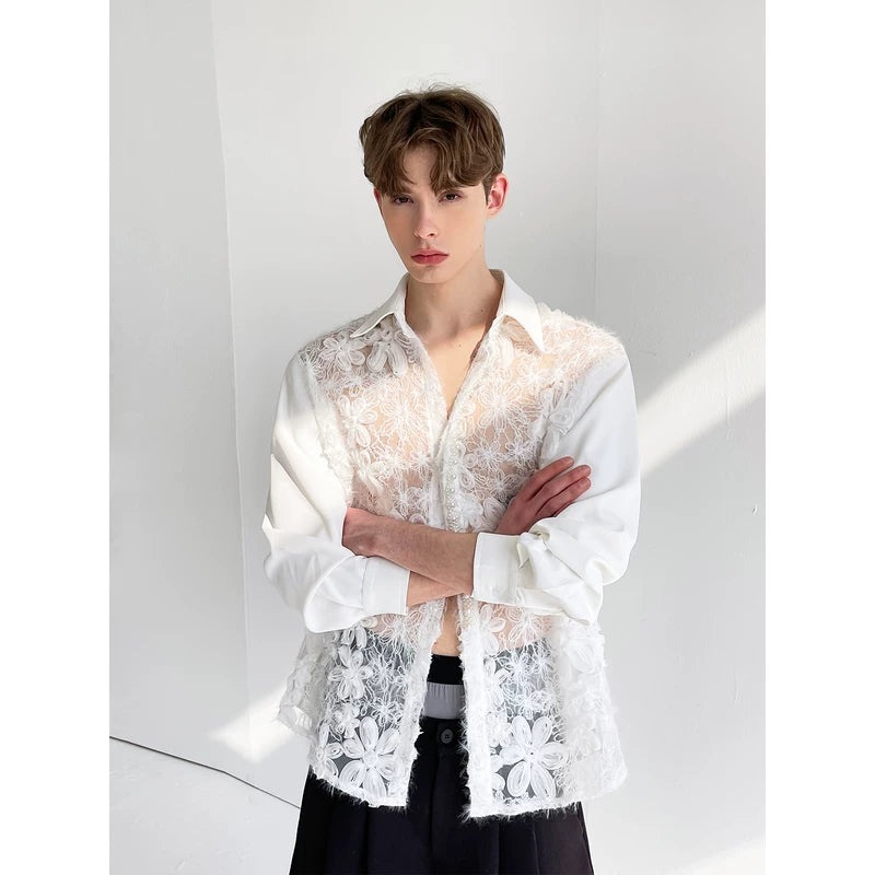 3D Floral Lace Sheer Button-Up Shirt 4