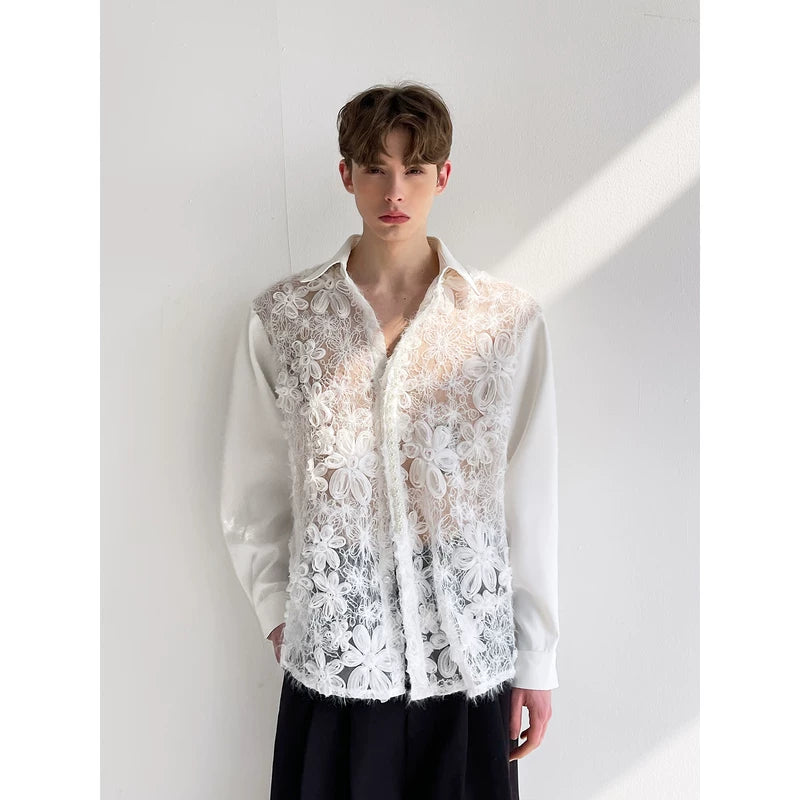 3D Floral Lace Sheer Button-Up Shirt 5
