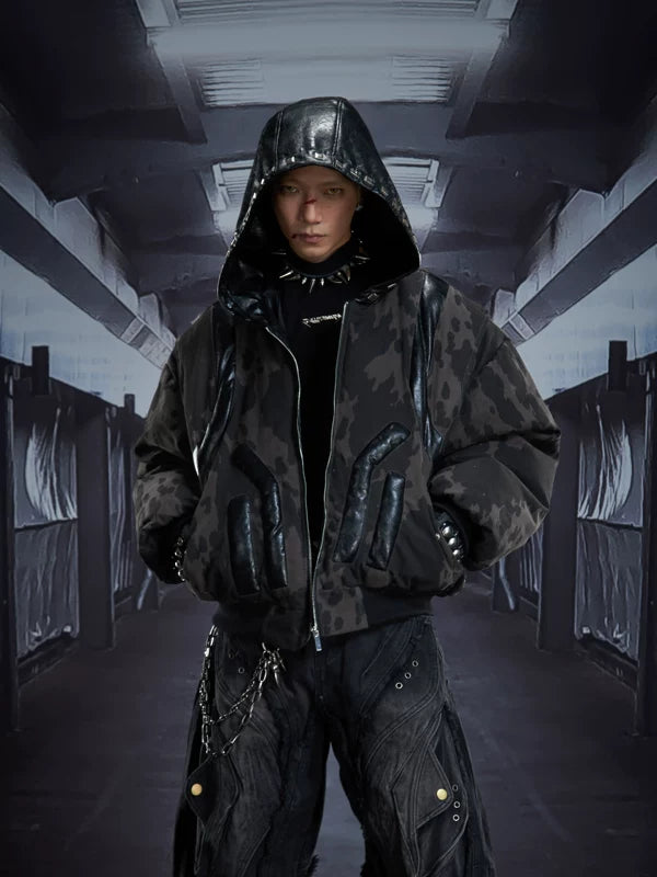 3D Padded Leather Hooded Zip Jacket 1