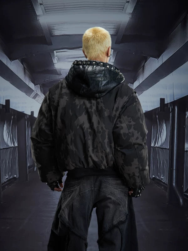 3D Padded Leather Hooded Zip Jacket 2