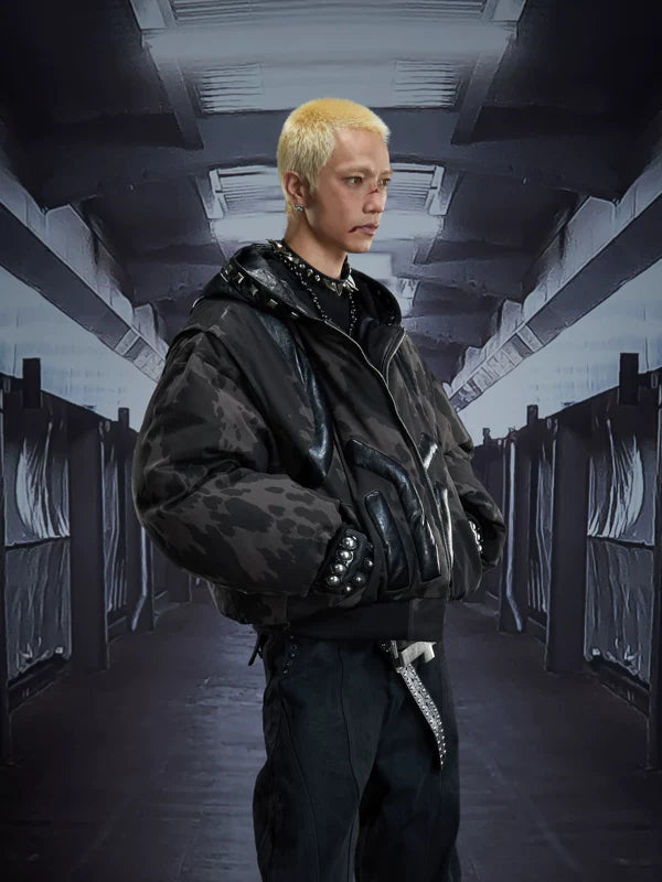 3D Padded Leather Hooded Zip Jacket 3