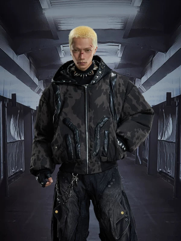 3D Padded Leather Hooded Zip Jacket 4