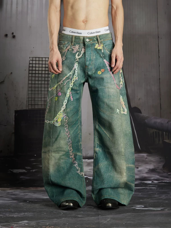 3D Printed Graffiti Wide Leg Jeans 1