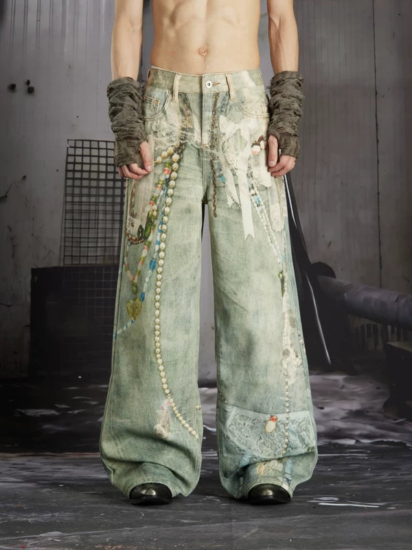 3D Printed Lace Print Straight Jeans 1