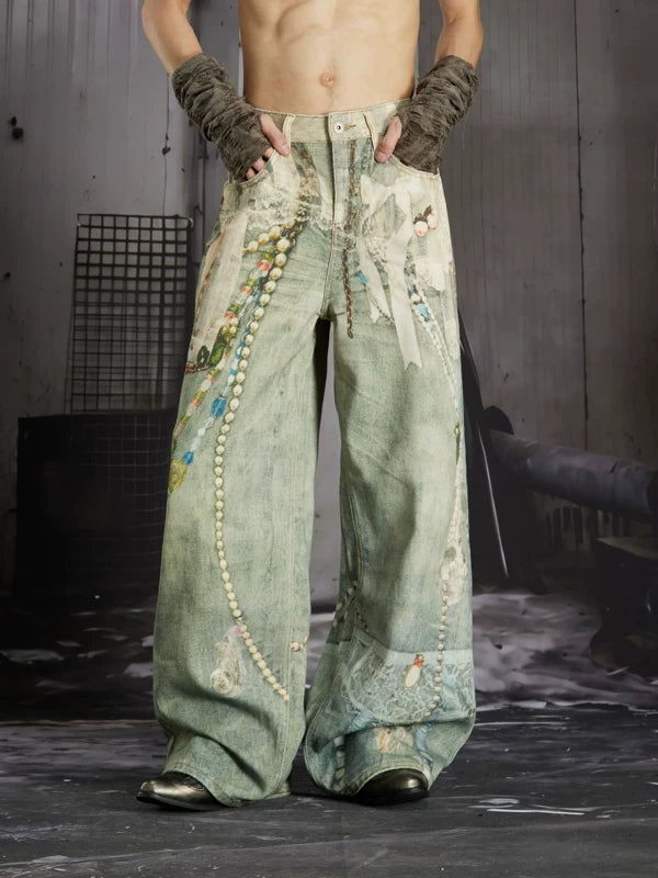3D Printed Lace Print Straight Jeans 5