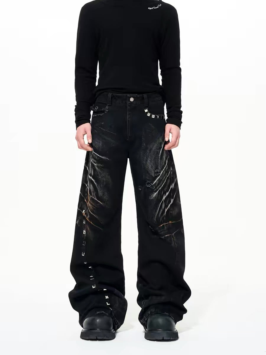 Distressed Rivet Wide-Leg Denim Pants