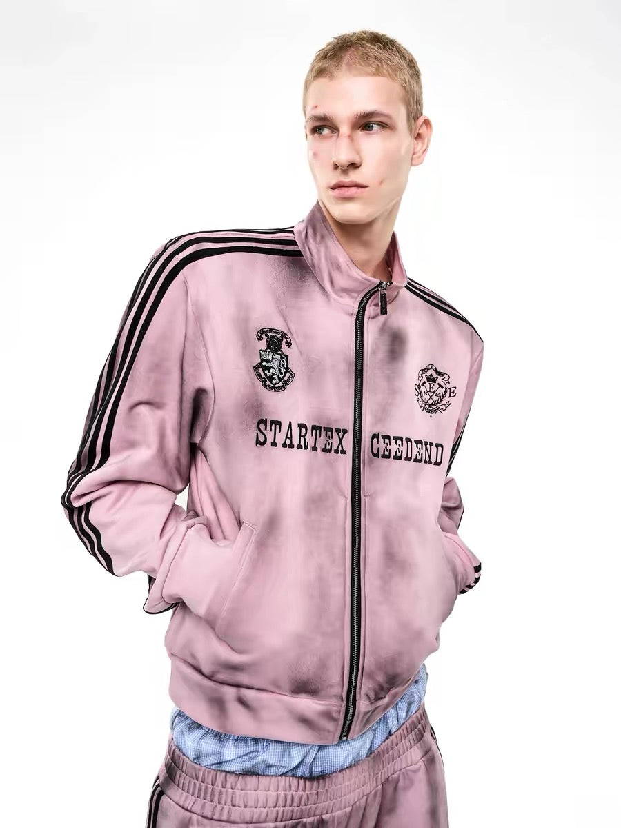 Distressed Stand Collar Stripe Track Jacket