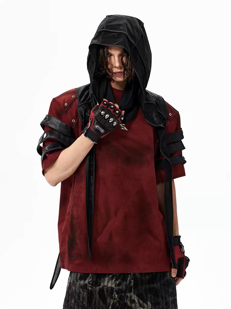 Hooded Patchwork Leather Studded T-Shirt