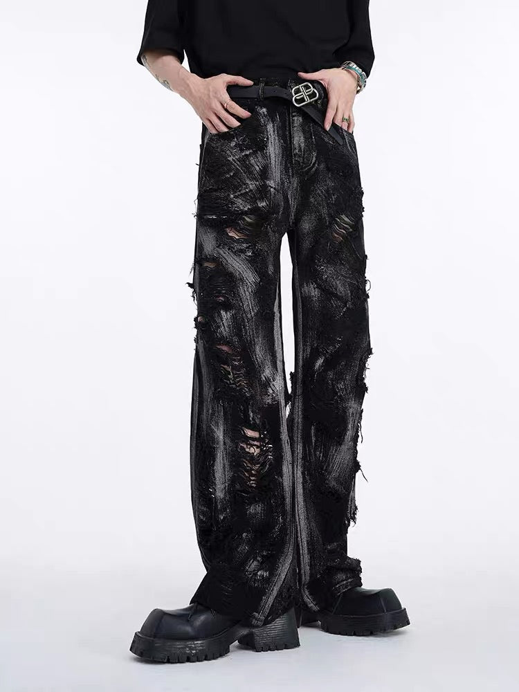 Distressed Washed Graffiti Straight Leg Pants