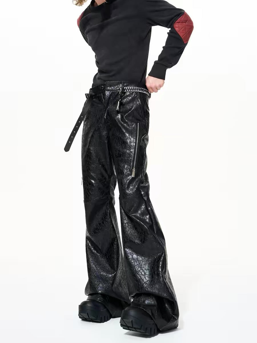 Textured PU Leather Flared Pants