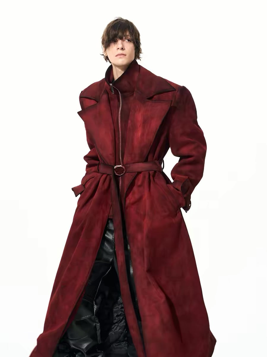 Distressed Faux Suede Padded Trench Coat