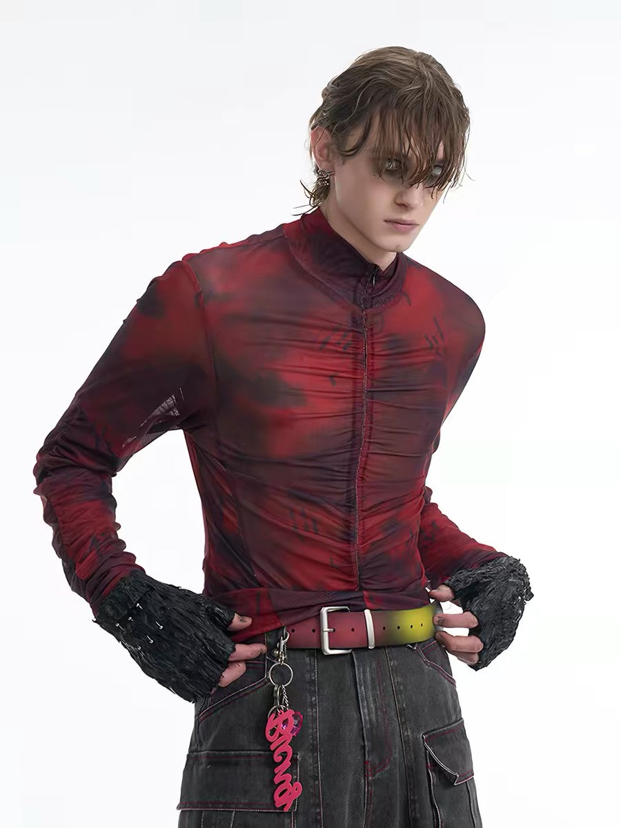 Mock Neck Mesh Zipper Slim Shirt