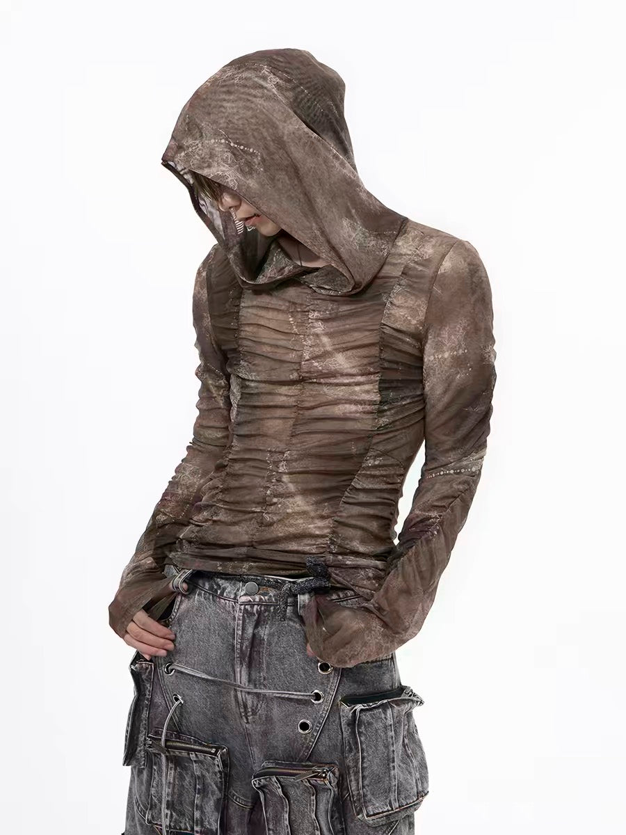 Hooded Ruched Mesh Long-Sleeve T-Shirt