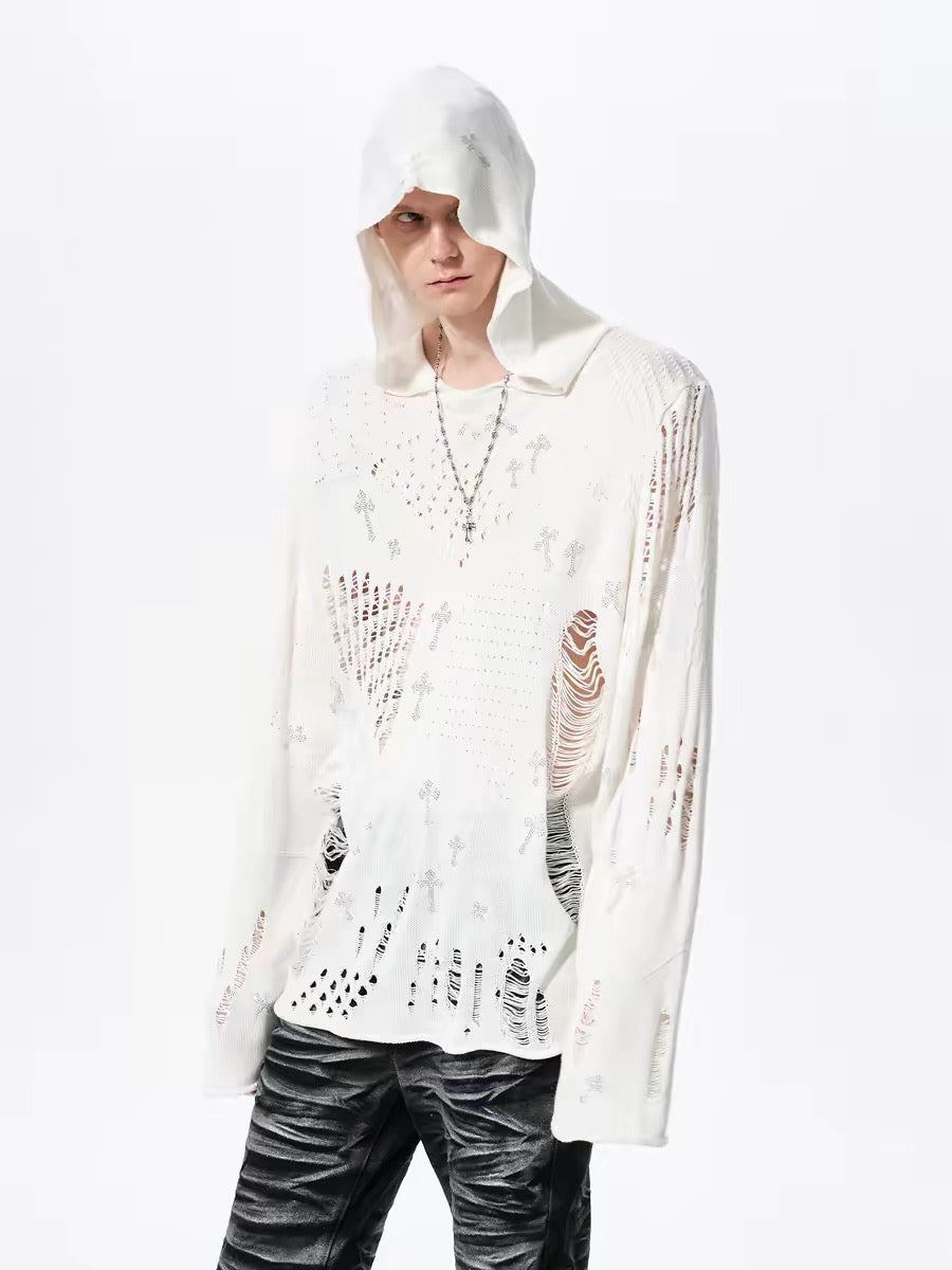 Distressed Rhinestone Cross Hooded Knit Sweater