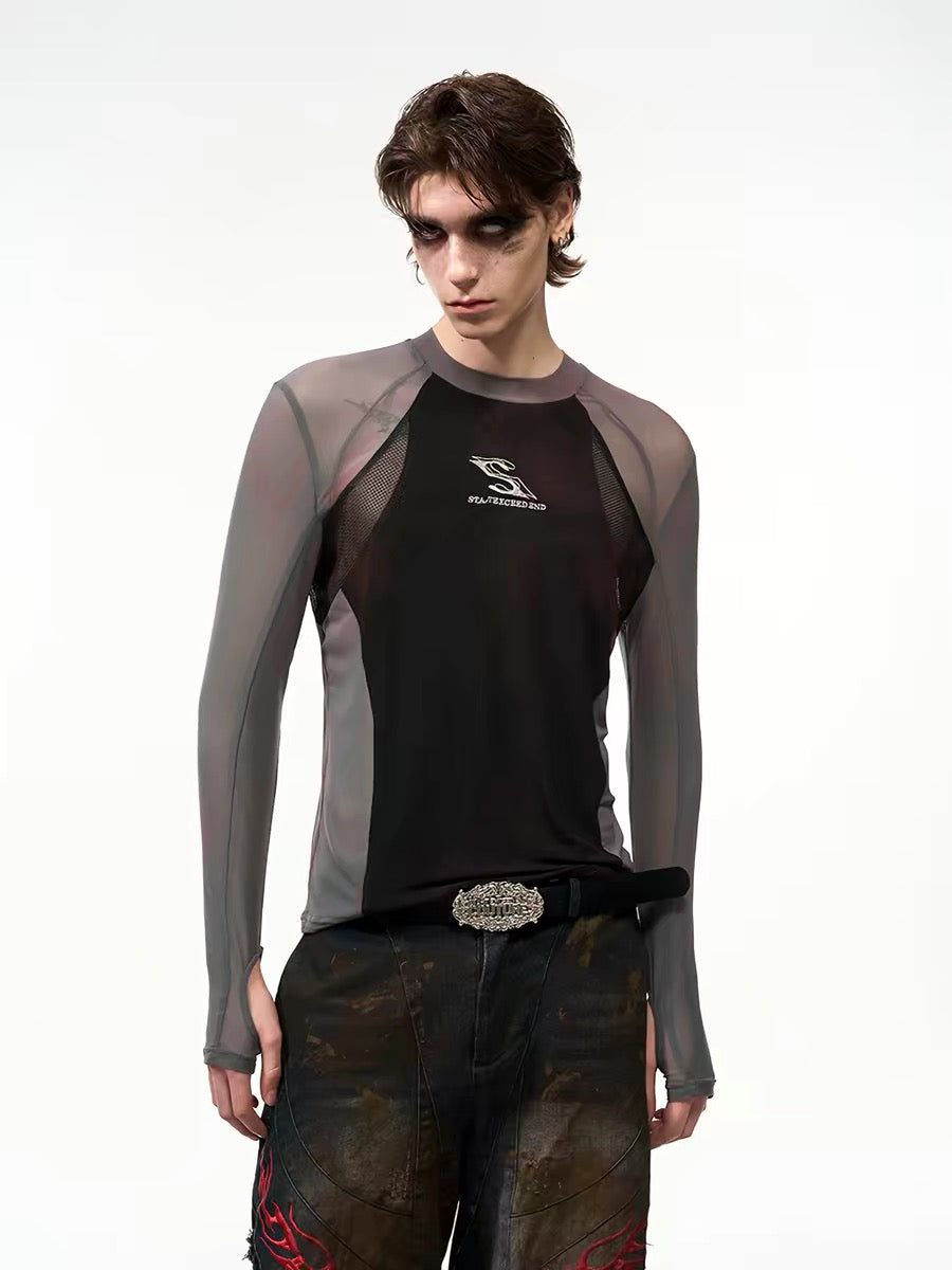 Fitted Mesh Patchwork Long-Sleeve T-Shirt