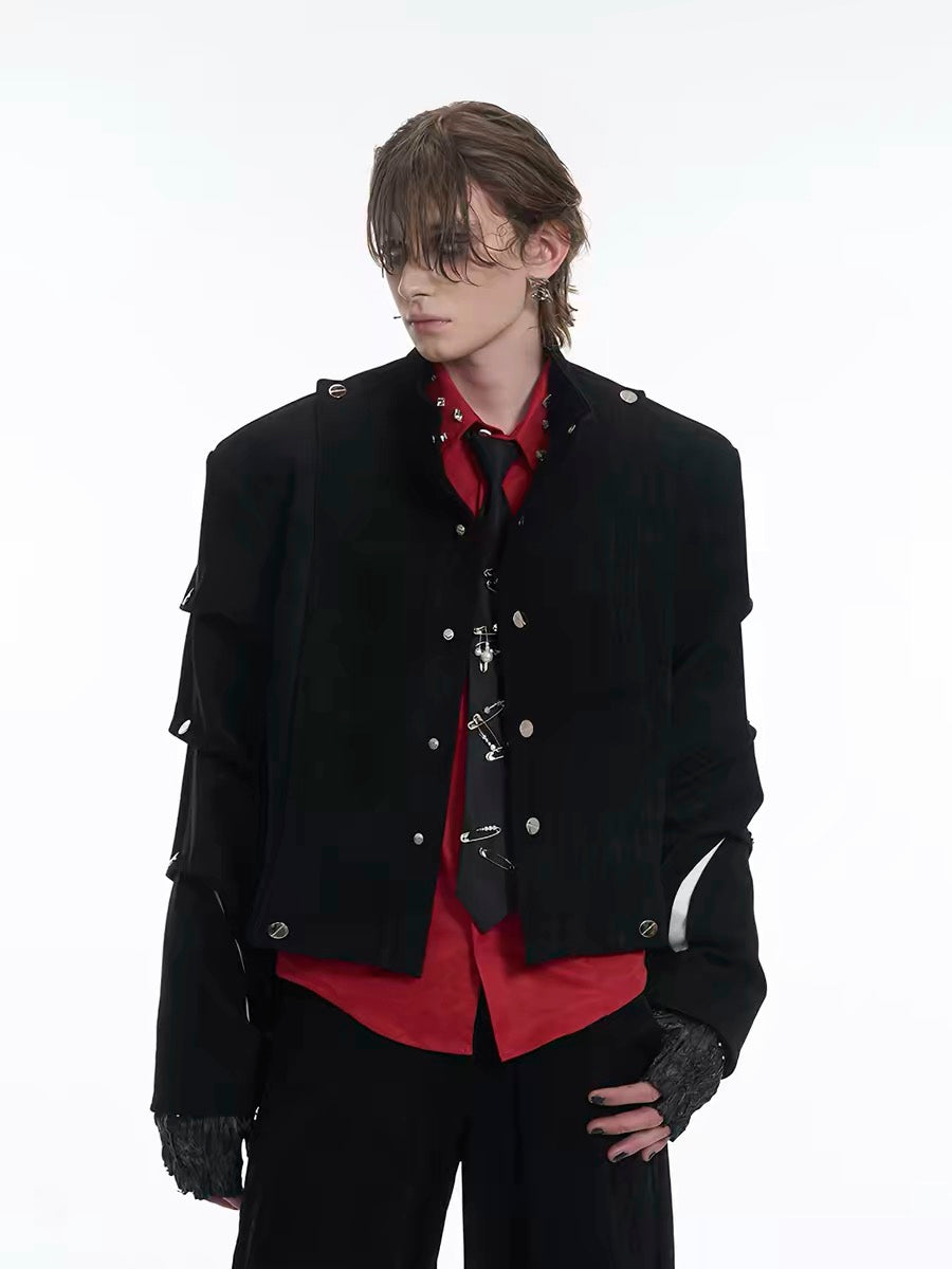 Suede Short Jacket with Pleated Sleeves