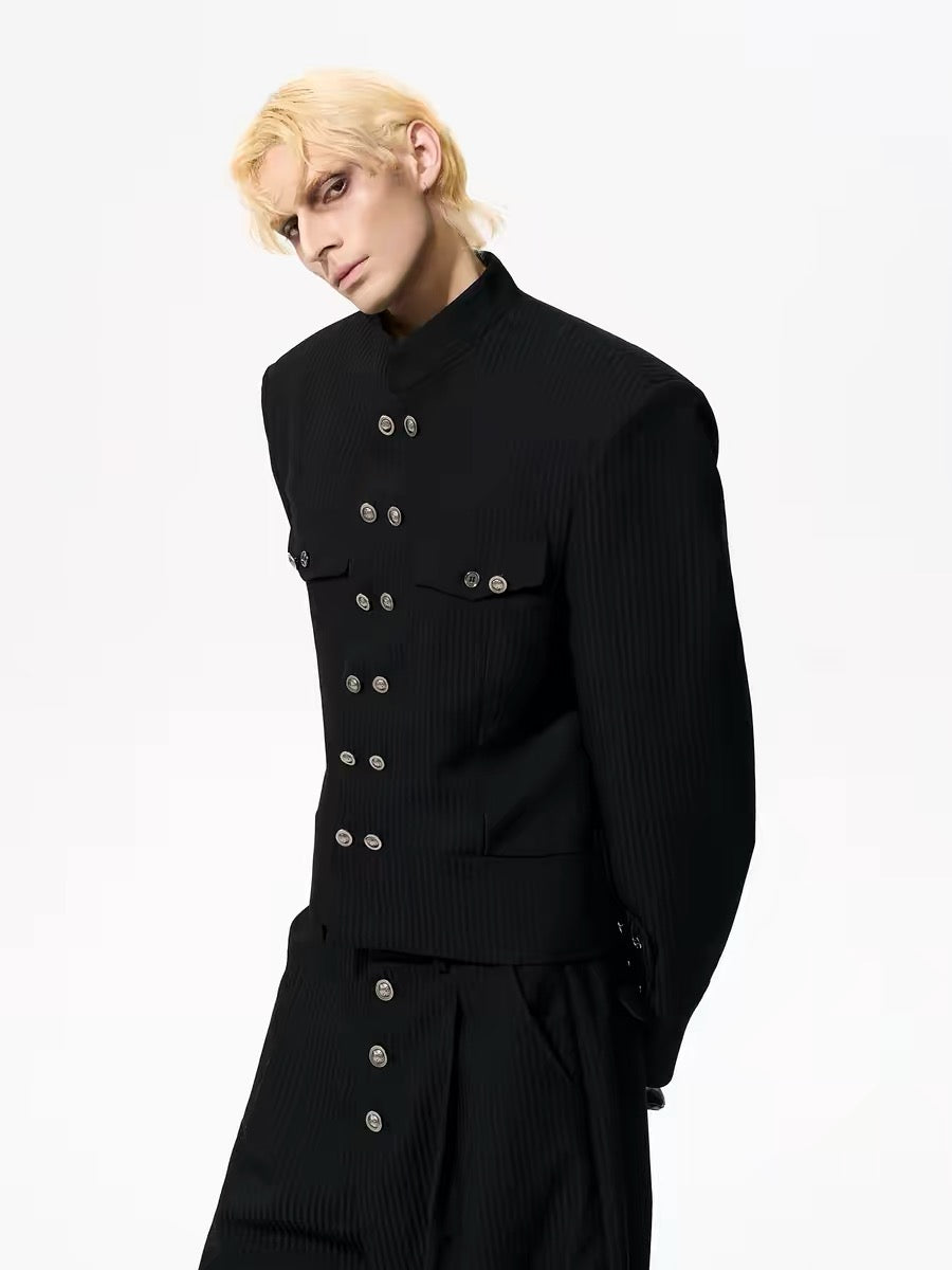 Striped Double-Breasted Stand-Collar Suit Jacket