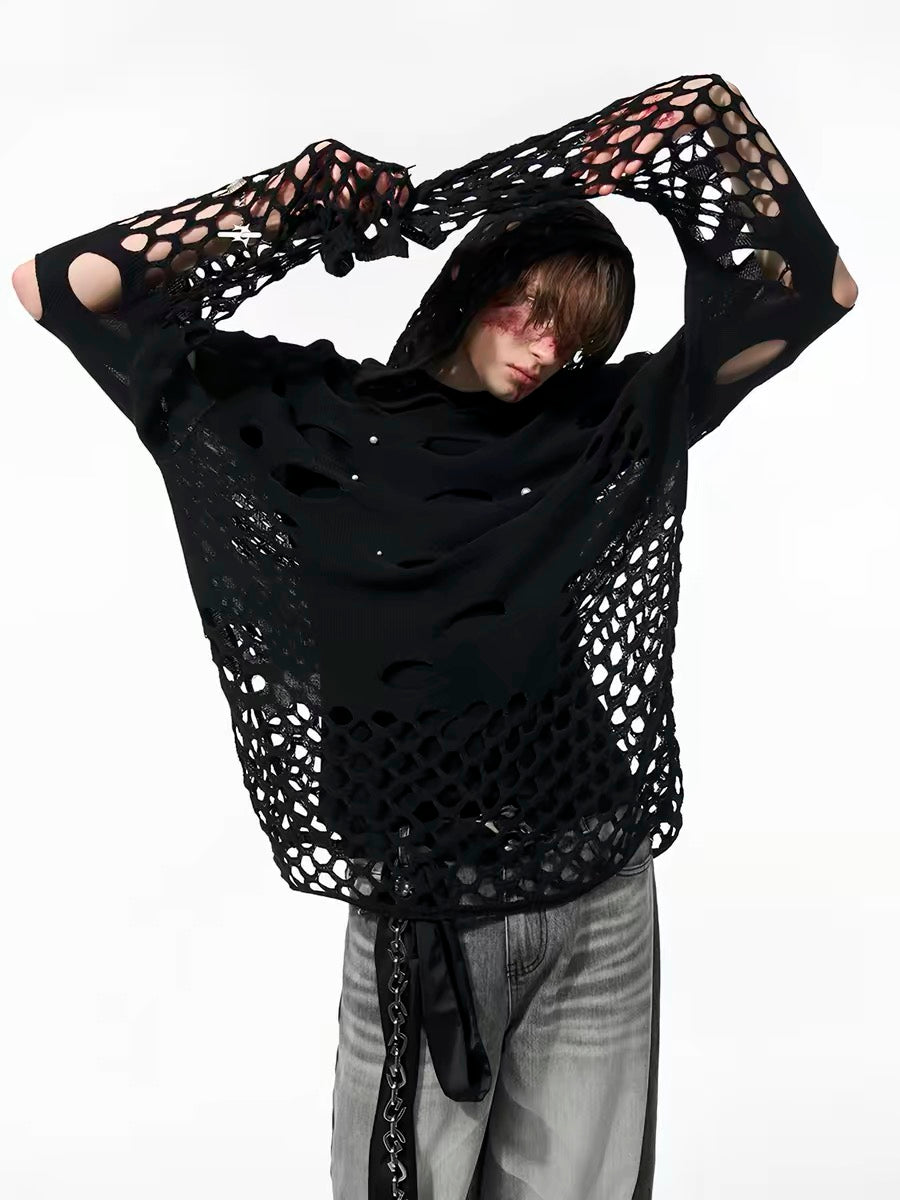 Hollow-Out Hooded Knit Sweater with Pearls