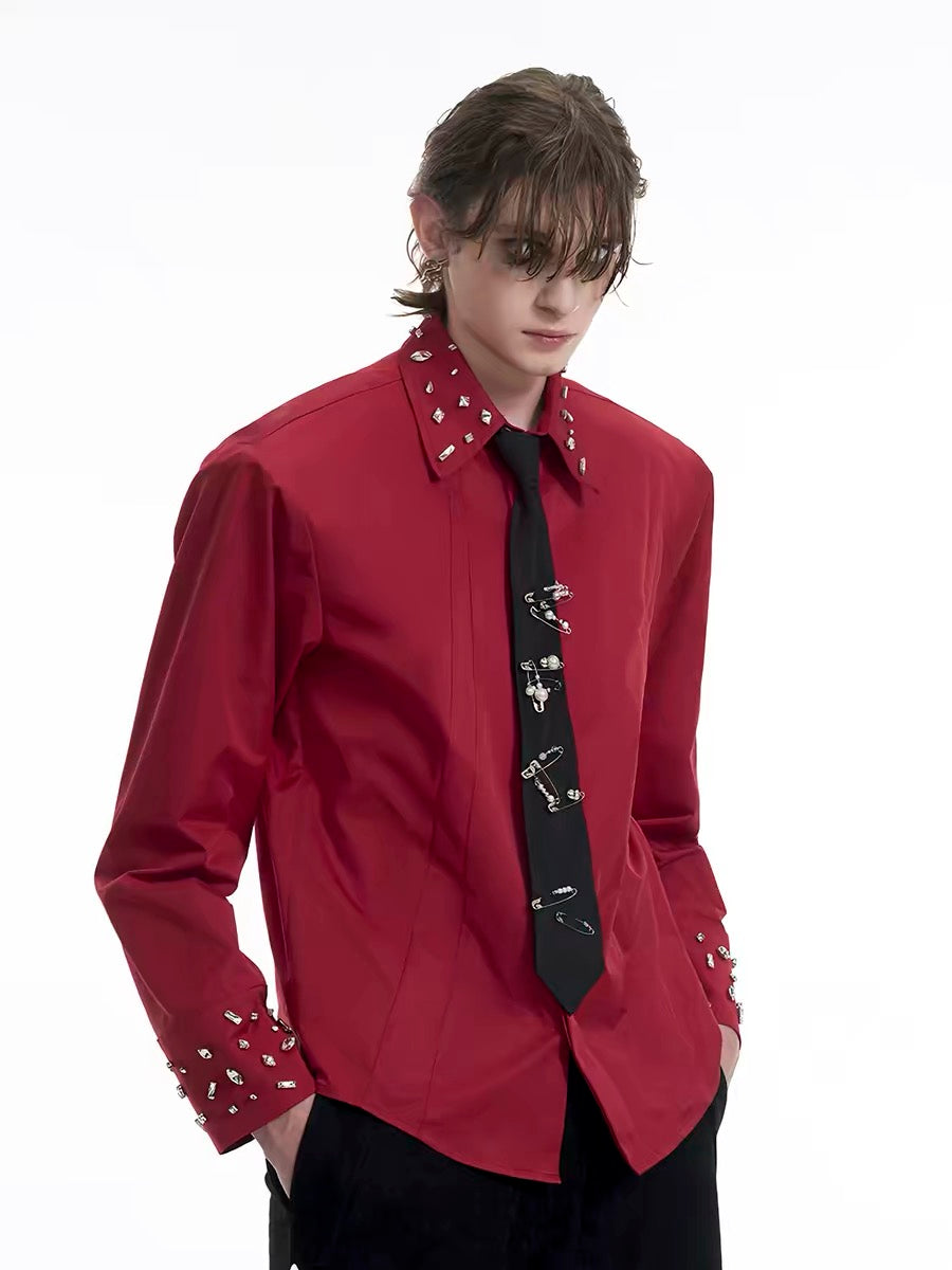 Rhinestone Embellished Long-Sleeve Shirt with Tie