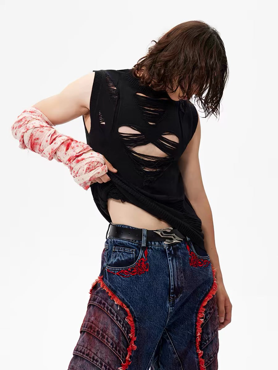 Distressed Hollow-Out Knit Sweater Vest