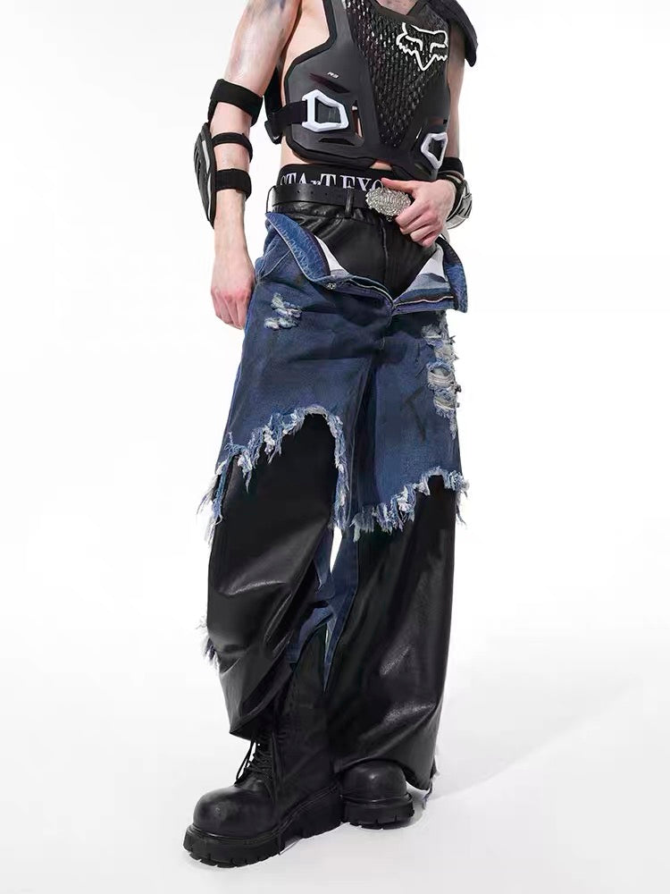 Faux Two-Piece Distressed Patchwork Jeans