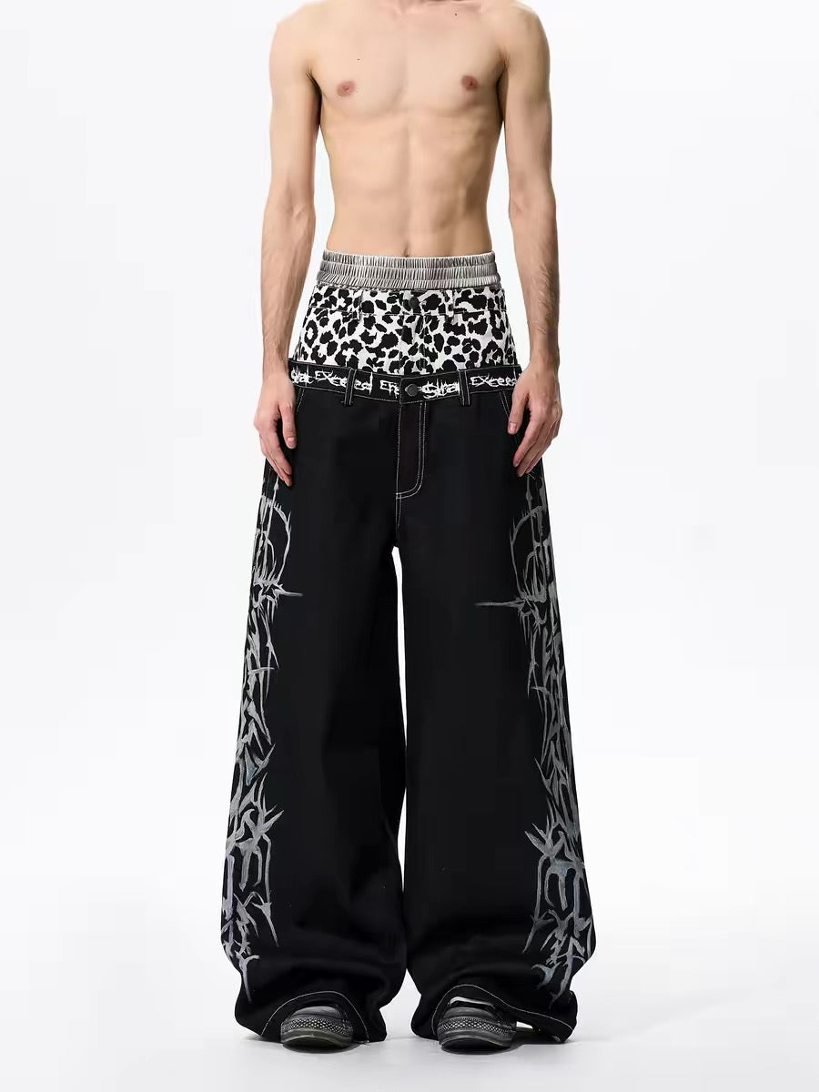 Leopard Patchwork Double Waistband Wide-Leg Pants