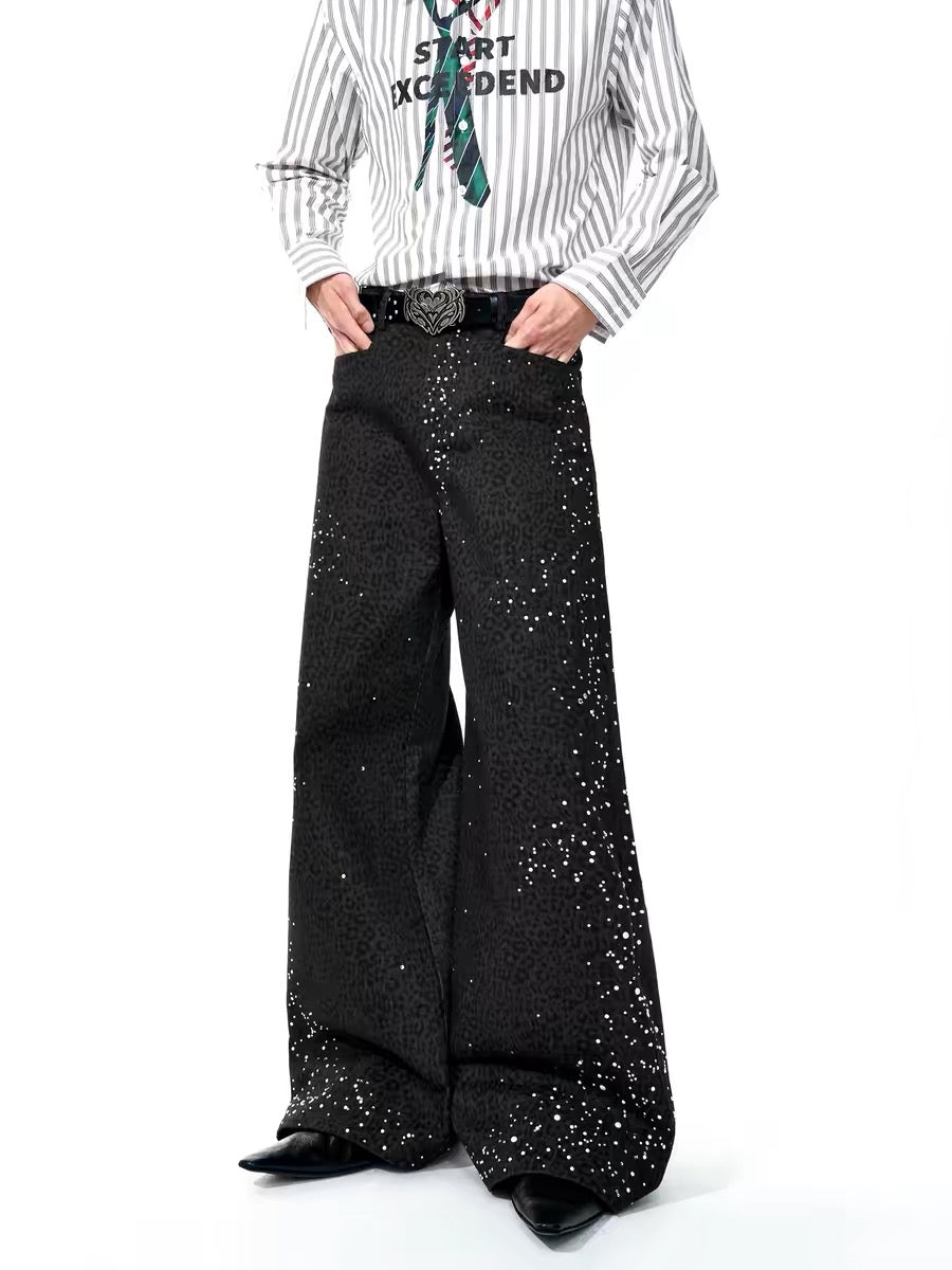Leopard Print Rhinestone Wide-Leg Pants