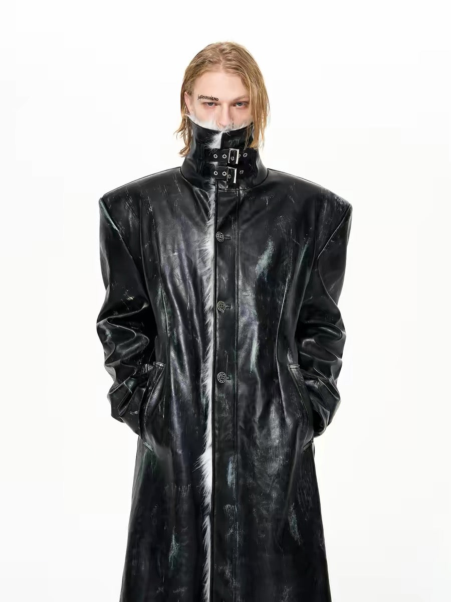 Distressed Leather Fur Trim Long Coat