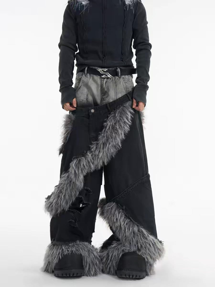 Faux Fur Trim Distressed Denim Pants