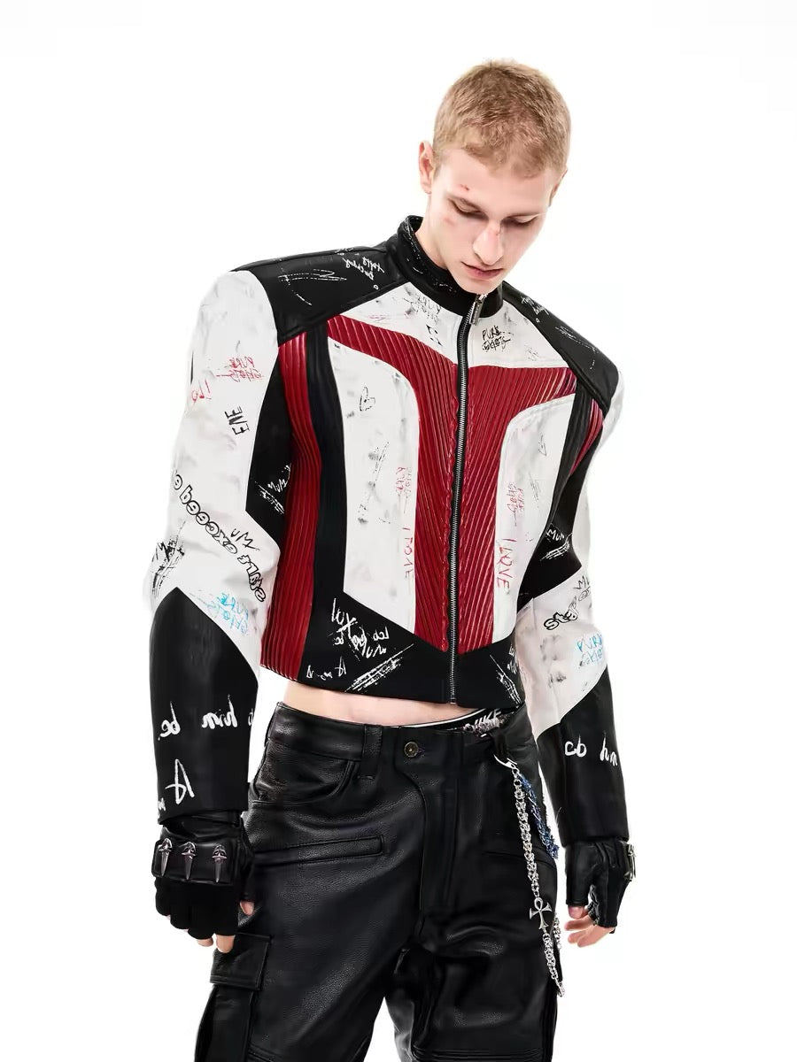 Graffiti Stand Collar Racing Leather Jacket