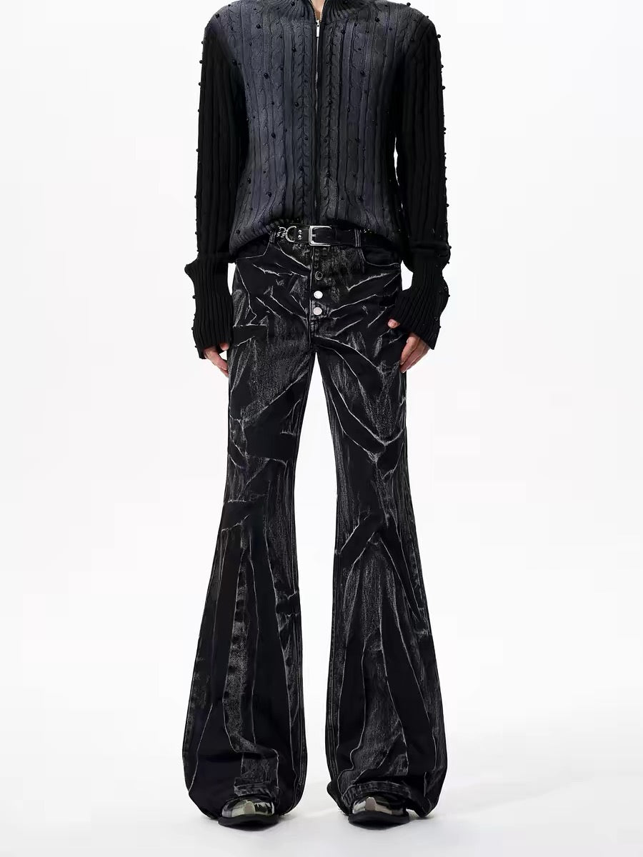 Five-Button Distressed Flare Jeans
