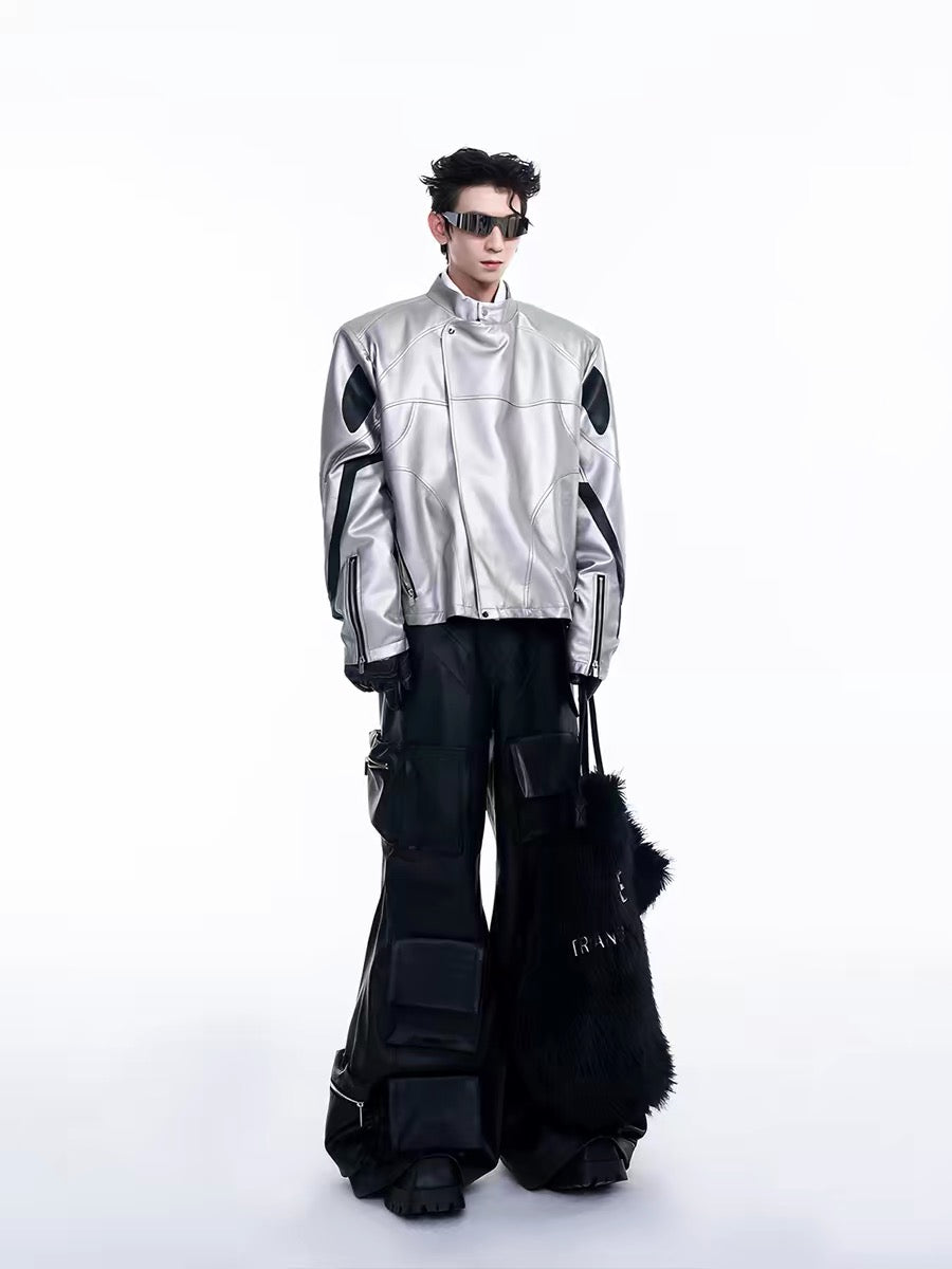 Short Leather Jacket With Asymmetrical Placket