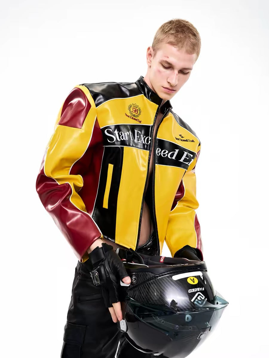 Stand-Up Collar Embroidered Motorcycle Leather Jacket