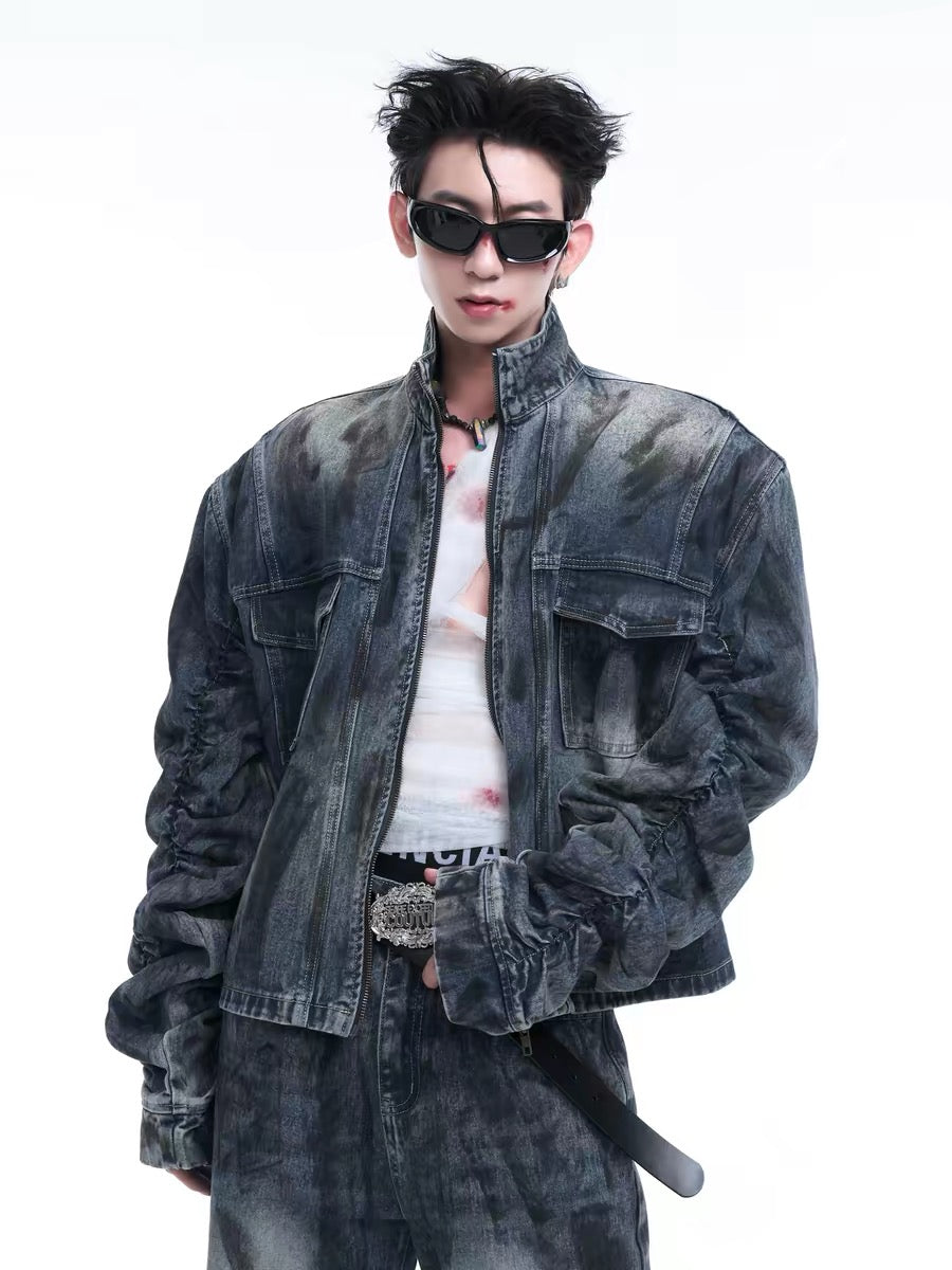 Distressed Stand-Up Collar Denim Jacket