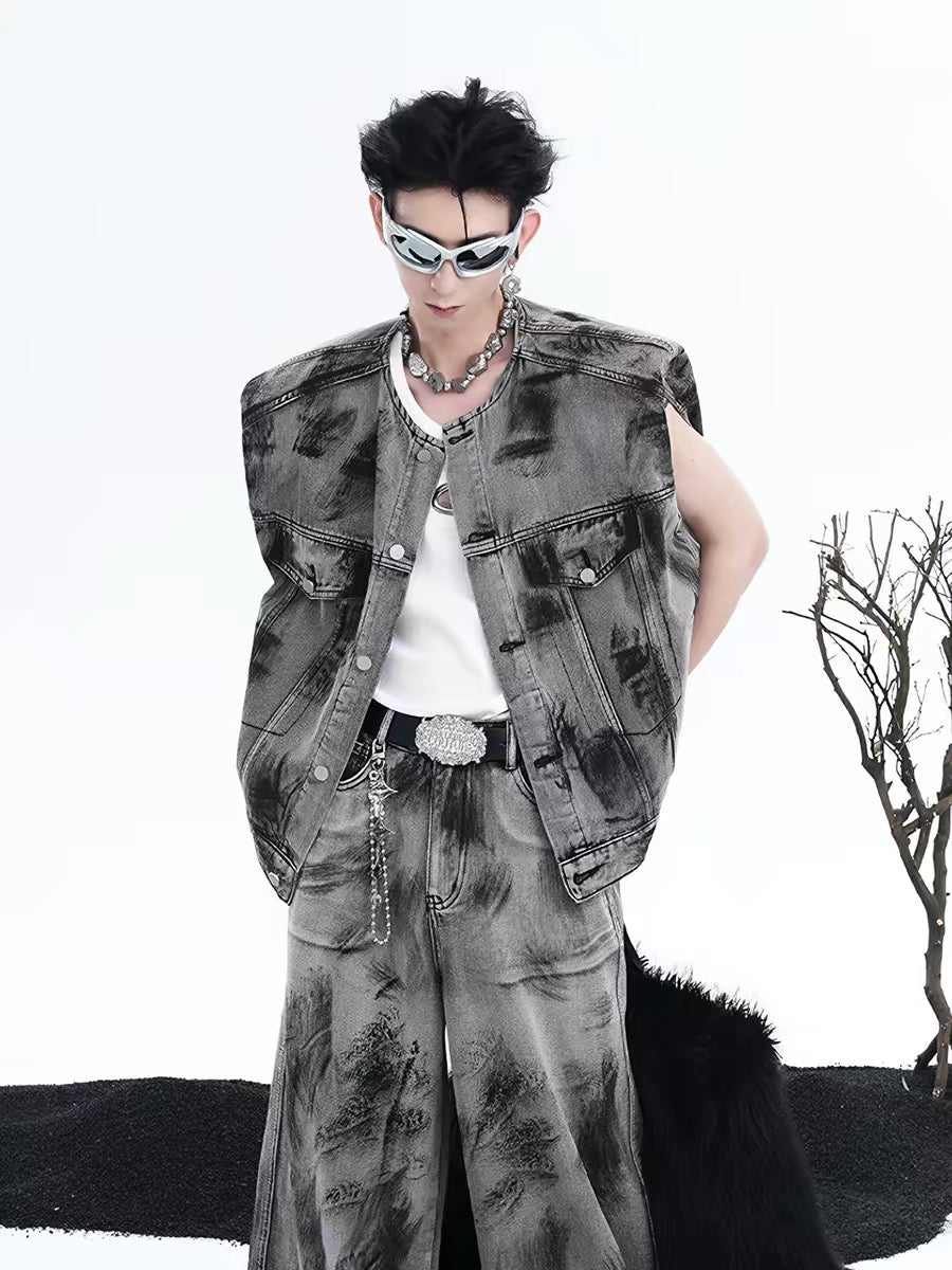 Graffiti Print Padded Shoulder Denim Vest