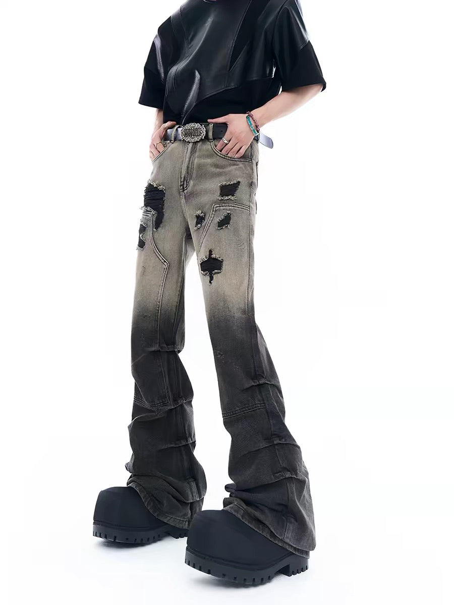 Distressed Pleated Flared Jeans