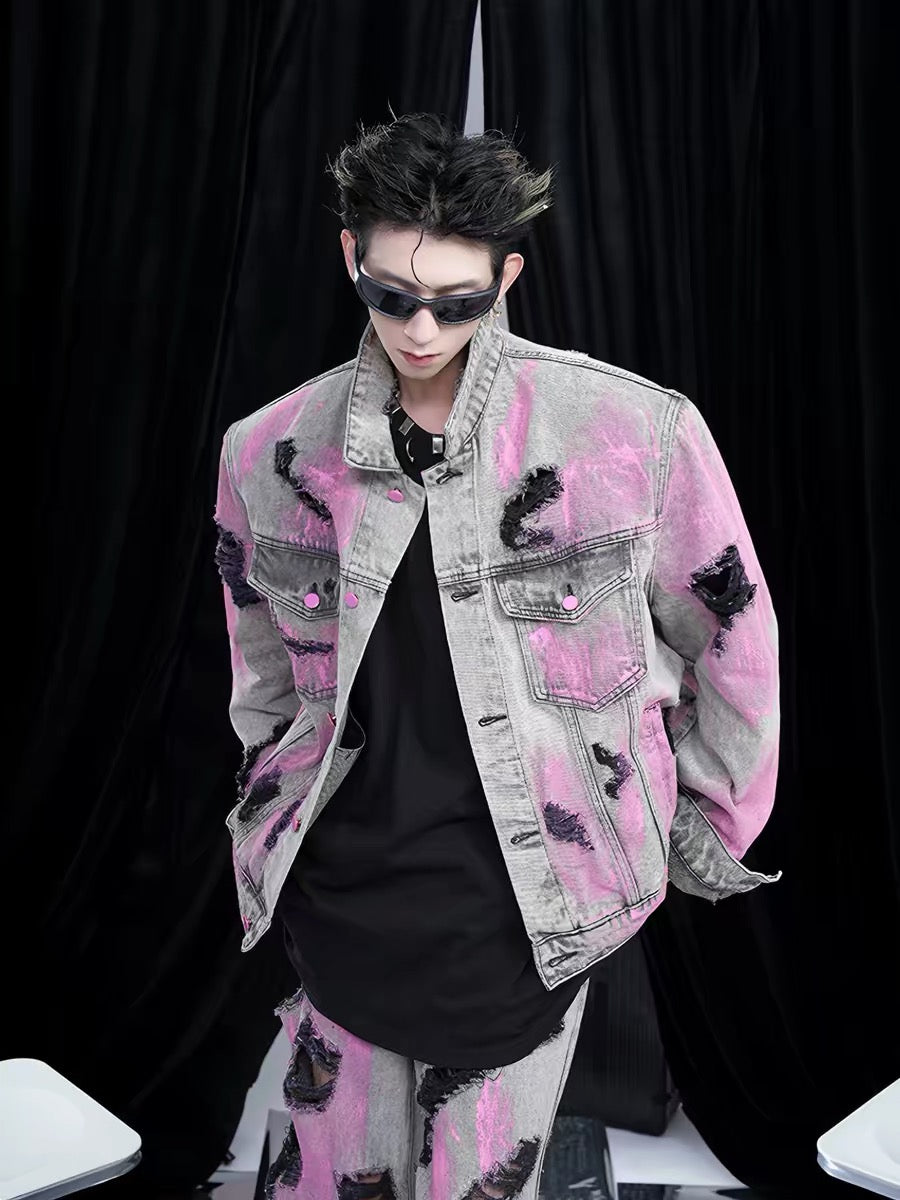 Distressed Graffiti Washed Denim Jacket