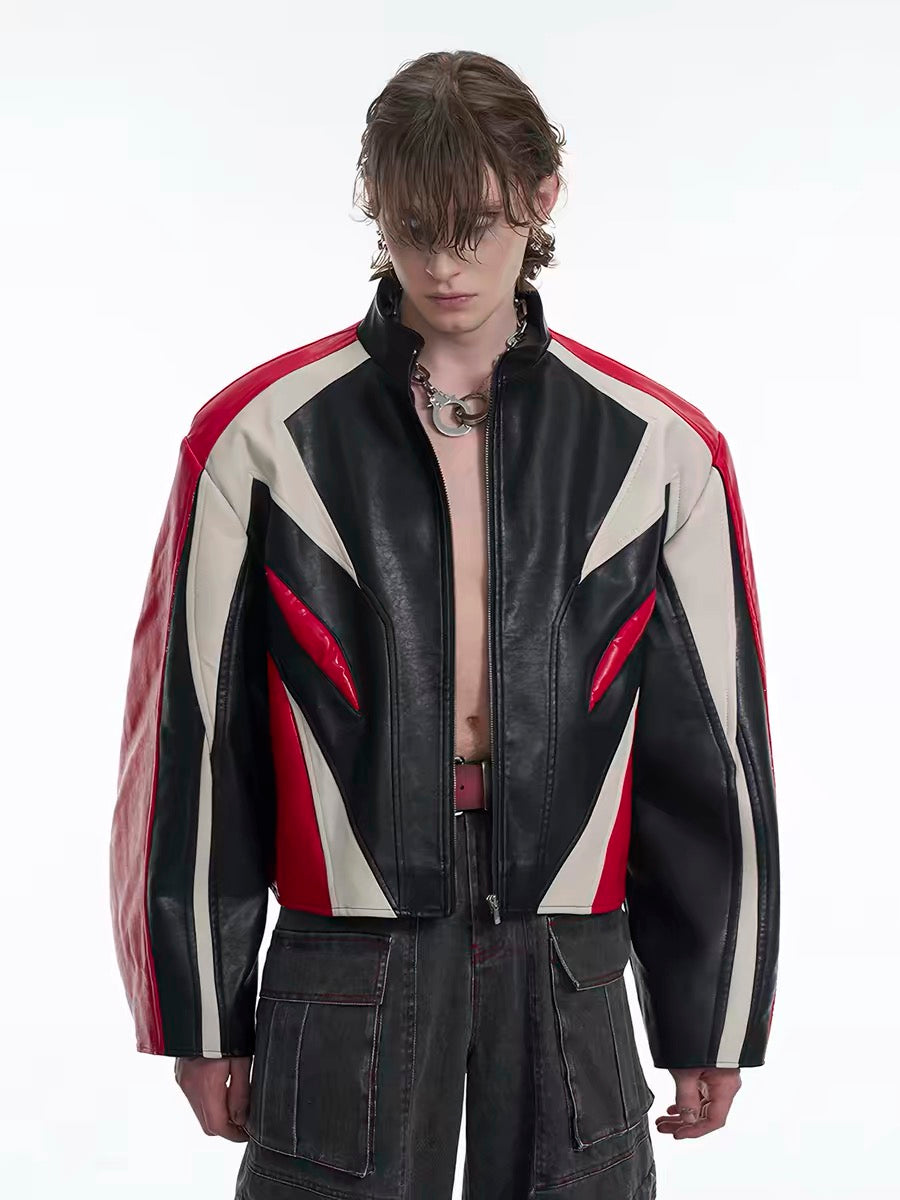 Stand-Up Collar Color-Blocked Leather Motorcycle Jacket