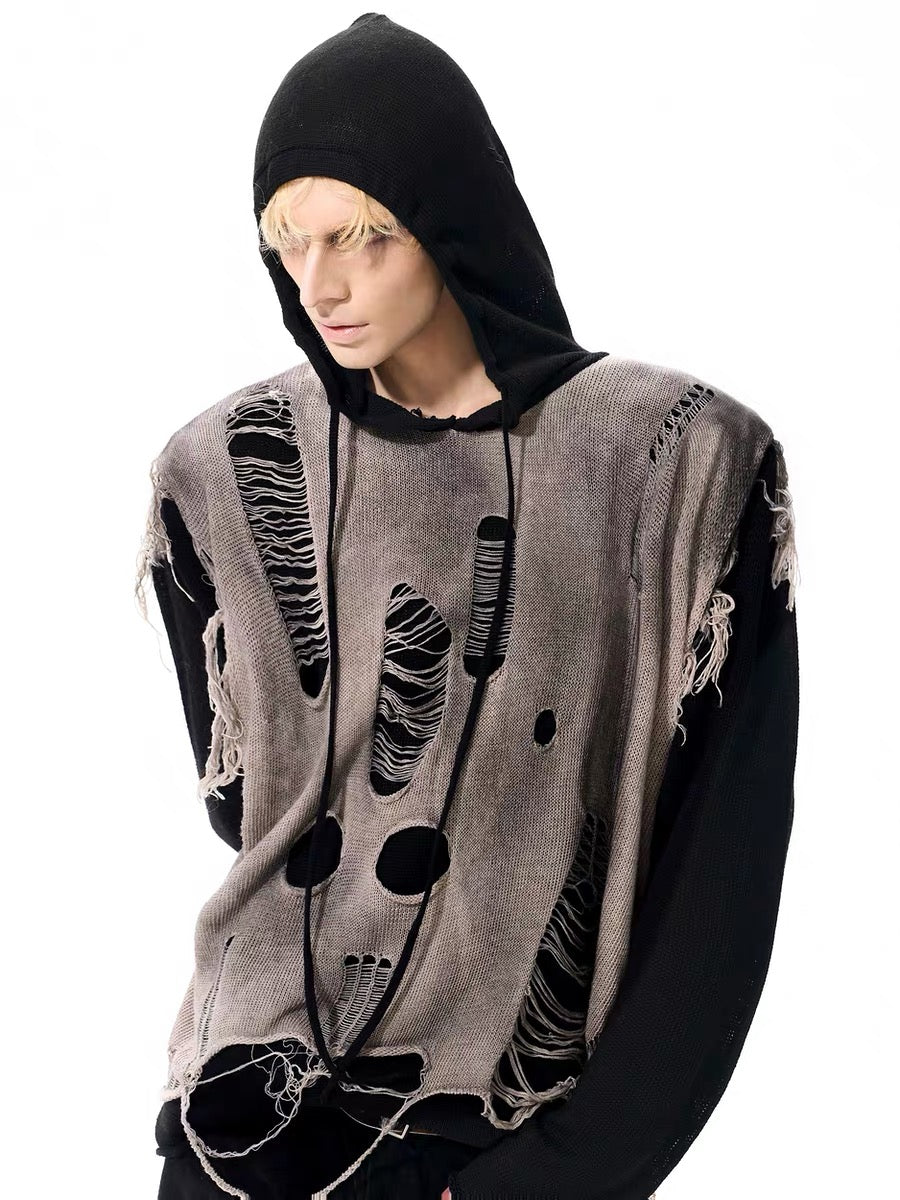 Distressed Hooded Two-Piece Knit Sweater