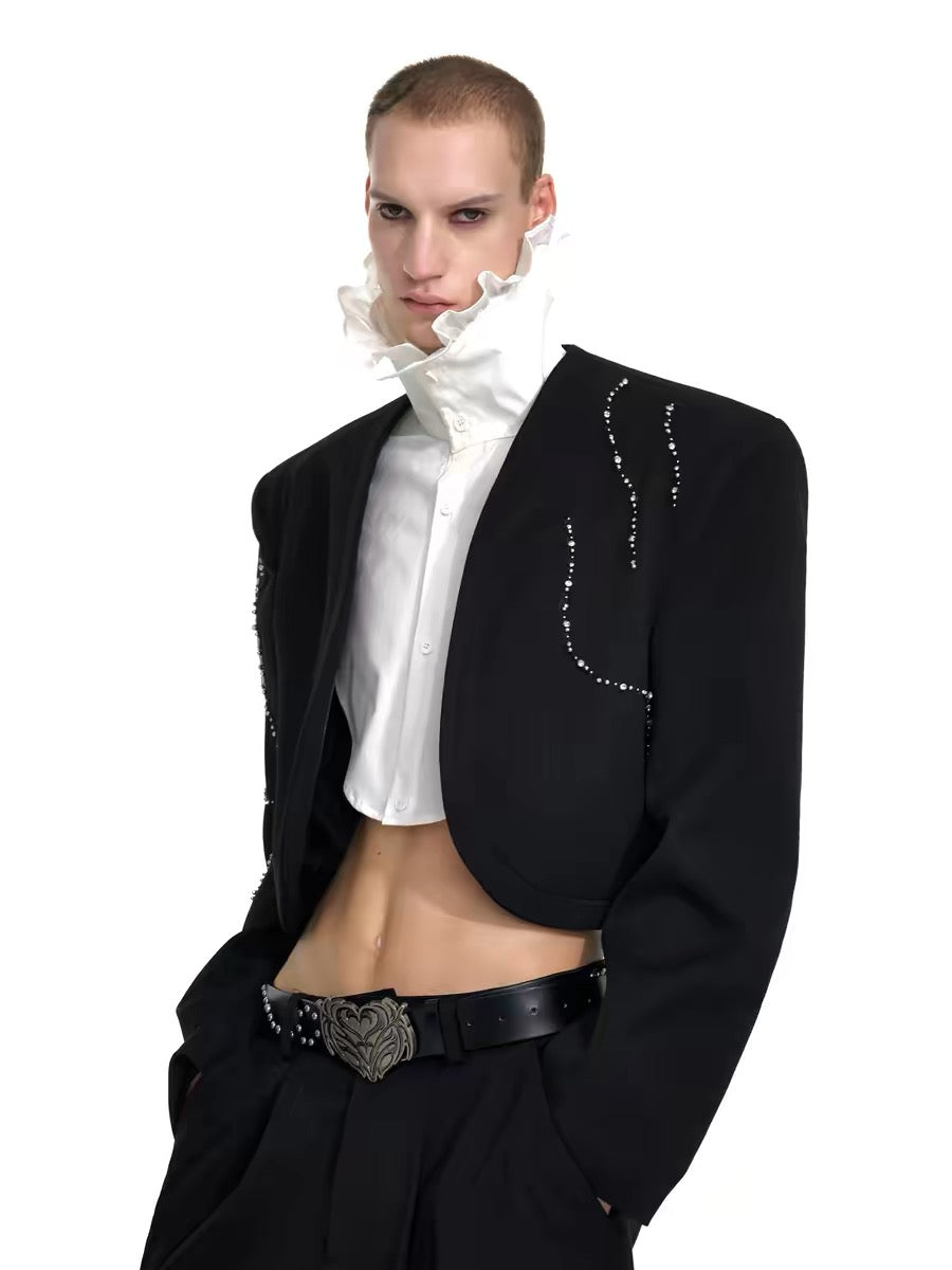 Rhinestone Embellished Collarless Cropped Suit Jacket