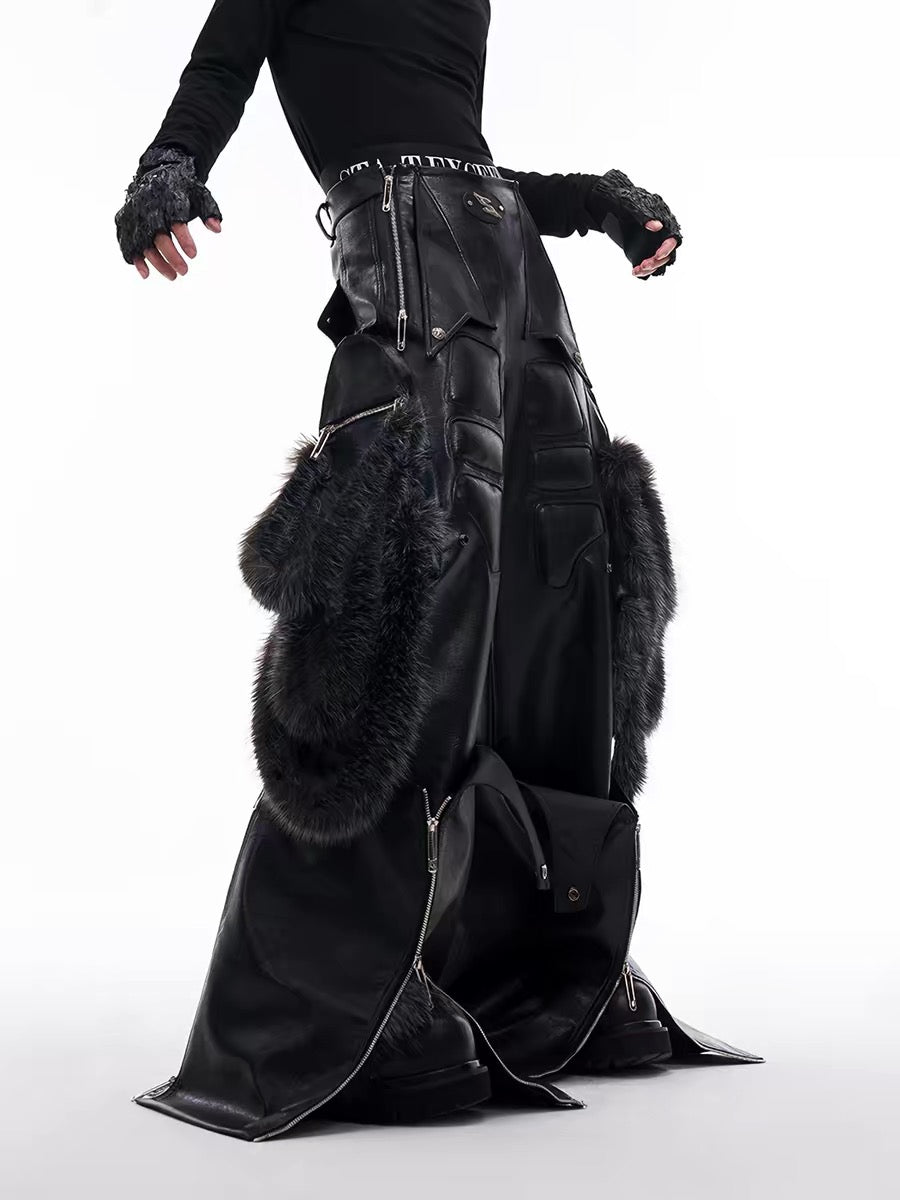 Detachable Fur-Trimmed PU Leather Wide-Leg Pants