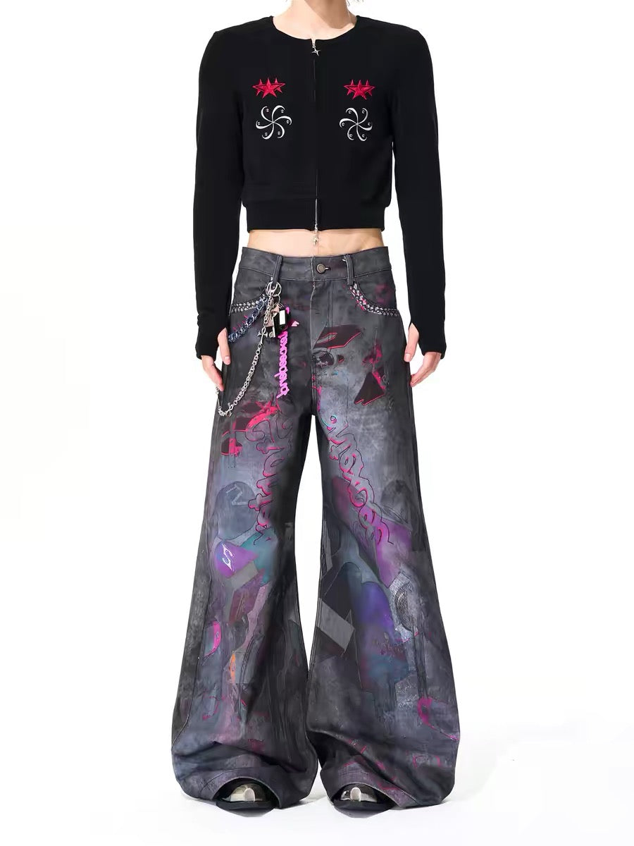 Distressed Graphic Print Wide-Leg Pants