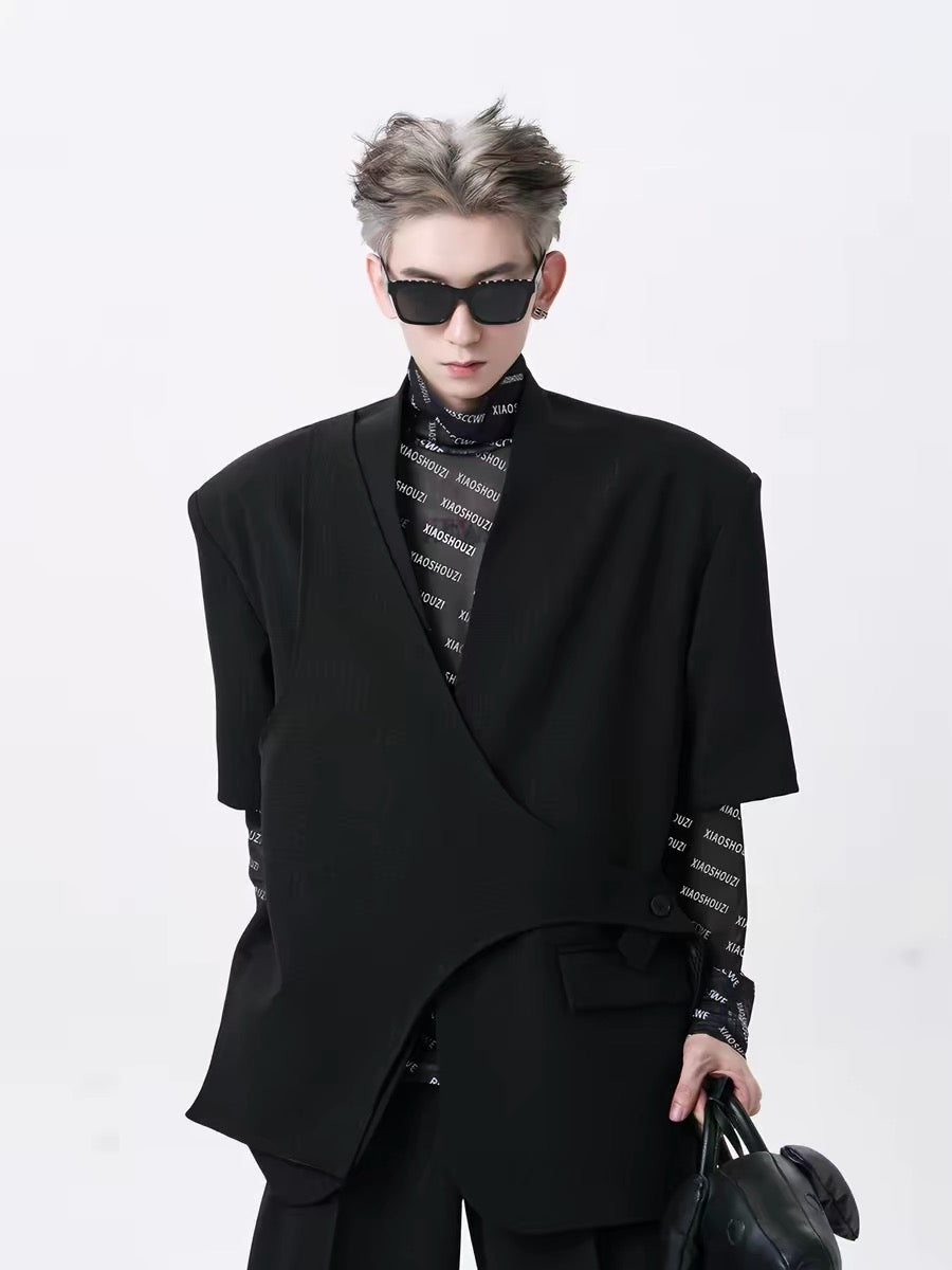 Short-Sleeve Collarless Padded Shoulder Suit Set